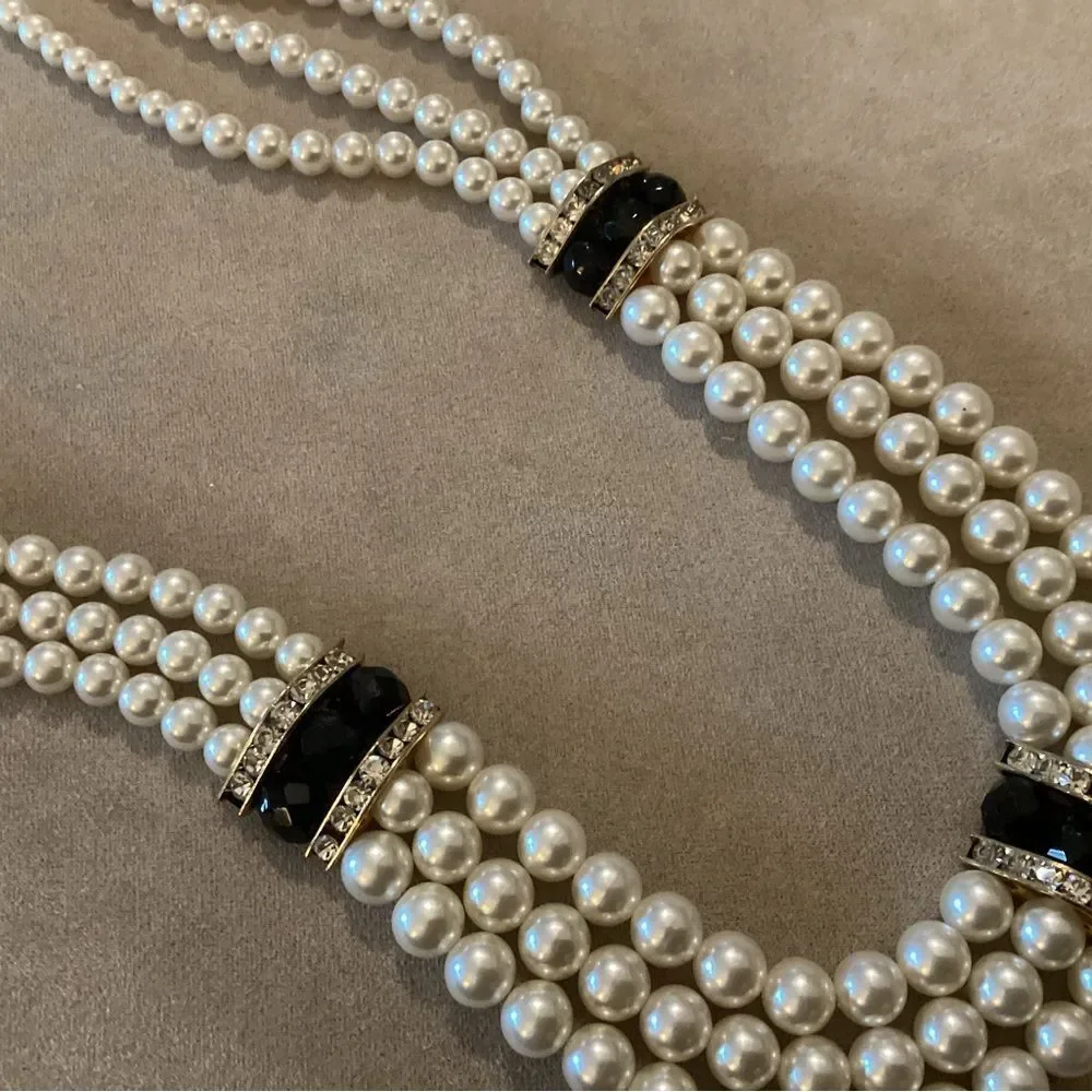 Elegant Trip Strand Faux Pearl Necklace with Black Accents